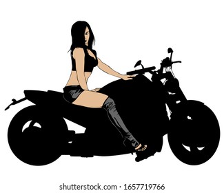 Beauty women on sports motorcycle. Isolated silhouette on a white background