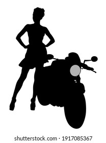 Beauty women on sports motorcycle. Isolated silhouette on a white background