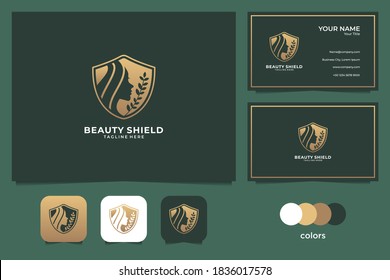 beauty women shield logo design and business card. good use for spa, beauty salon and fashion logo
