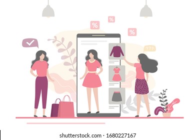 Beauty women trying on things in virtual fitting room. App on mobile phone is an online dressing room. Banner with new fashion technologies. Internet store, online shopping, social media. Flat vector