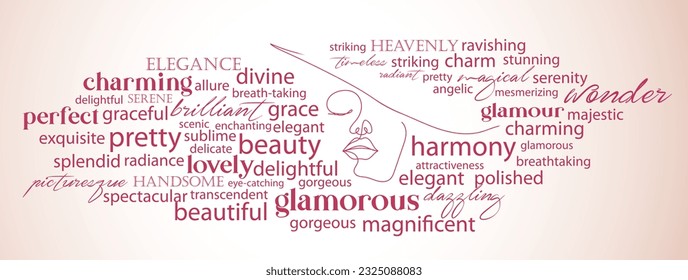 Beauty Word Cloud with a Woman face in one line drawing, Typography, words relevant to Beauty, Beauty Tag cloud