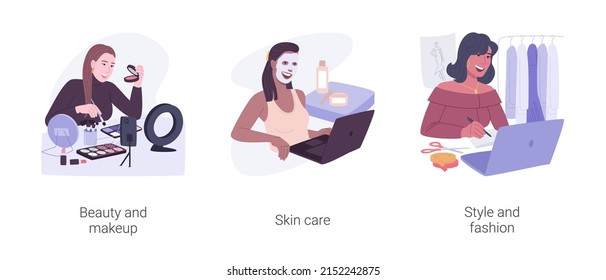Beauty workshops isolated cartoon vector illustrations set. Beauty and makeup online courses, skin care tutorials, style and fashion distance education, homemade cosmetics vector cartoon.