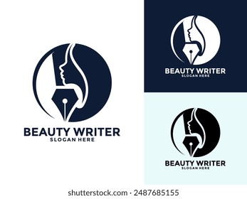 Beauty Writer Women Logo vector, Fountain pen with woman head face for woman writer logo design icon