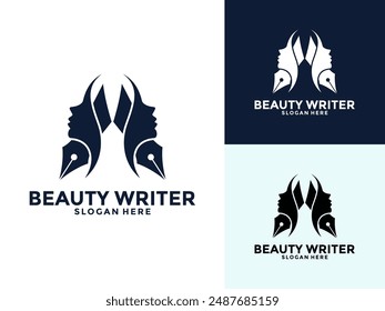 Beauty Writer Women Logo vector, Fountain pen with woman head face for woman writer logo design icon