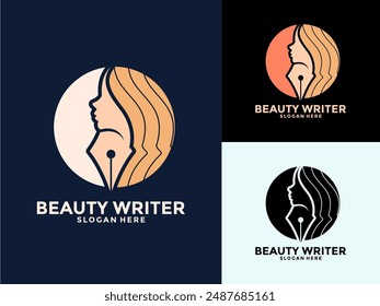 Beauty Writer Women Logo vector, Fountain pen with woman head face for woman writer logo design icon