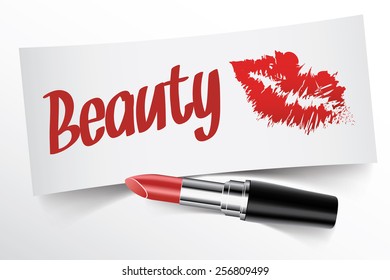 Beauty written on note by lipstick with kiss, vector