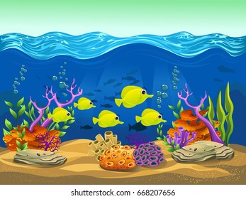 beauty yellow tang fish and coral. vector illustration of the sea. cartoon