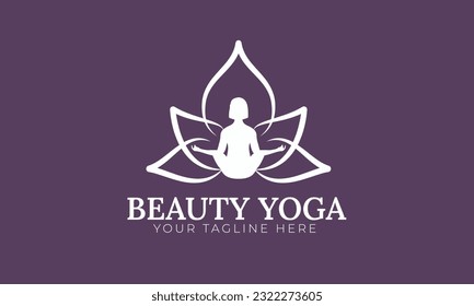 Beauty yoga logo design. Lotus flower outline with silhouette woman yoga position.