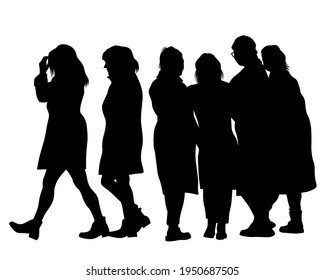 Beauty young girl in dress walking down street. Isolated silhouette on white background