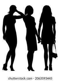 Beauty young girl in dress walking down street. Isolated silhouette on white background