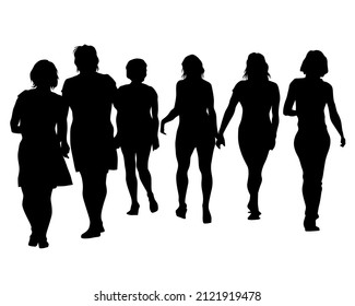 Beauty young girl in dress walking down street. Isolated silhouette on white background