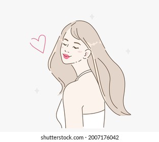 Beauty young girl with healthy fresh skin and hair love yourself. Facial and body cosmetic care concept. Flat cartoon vector illustration.