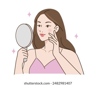 Chica joven de la belleza mirando su reflejo del espejo y tocando su cara. Concepto de cuidado e higiene de la piel. Ilustración vectorial.