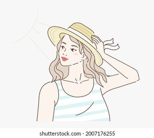 Muchacha de belleza con sombrero de paja en las vacaciones de verano. Su piel protegida con crema de protector solar Spf. Protección facial de la piel contra quemaduras solares y pigmentación. Ilustración vectorial de dibujos animados planos.