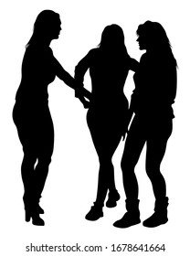 Beauty young girls in dress walking down street. Isolated silhouette on white background