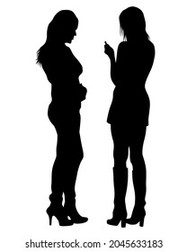 Beauty young girls in dress walking down street. Isolated silhouette on white background