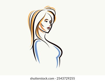 Beauty young woman face vector illustration, logo look like drawing for cosmetology or skincare or cosmetics brand, classic style emblem.