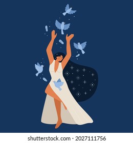 Beauty young woman in long white dress. Hand drawn blue flying birds. Girl power. Female cartoon character. Freedom concept. Vector illustration for Womens international day.