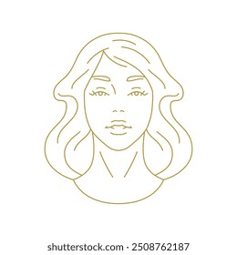 A mulher jovem da beleza enfrenta a ilustração do vetor do ícone da arte da linha de ouro mínima. Moda rosto feminino com glamour hairstyle logotipo de luxo para cosmetology marca salão de confeitaria impressão de t shirt monocromática