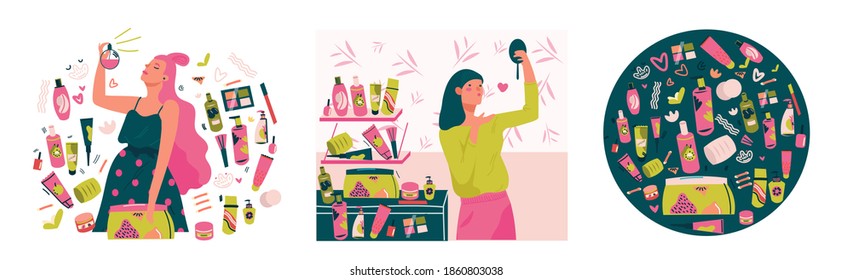 Beauty young women and sets of various cosmetics isolated. Hand drawn illustration.Face and body care concept