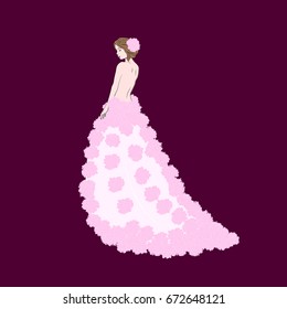 Beautyful bride in dress with pink flowers.vector illustration