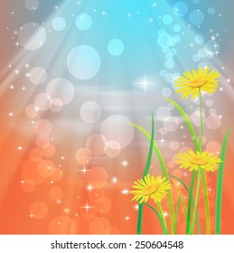 Beautyful camomiles. Vector of spring background with gradient and radiance.