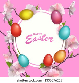 Beautyful fresh background of Happy Easter Holiday with colored egg and Sakura flower. Spring design for greeting card, party invitation etc. Vector Illustration