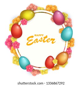 Beautyful fresh background of Happy Easter Holiday with colored egg and Sakura flower. Spring design for greeting card, party invitation etc. Vector Illustration