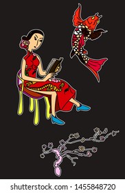 Beautyful Geisha women with koi carp fish.hand drawn and doodle style.Japanese Geisha girl coloring books.