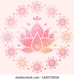 Beautyful india lotus with namaste text. Cute pretty folk festive round vector illustration on pink background with bokeh.