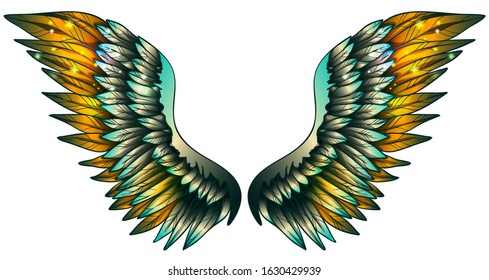 Beautyful magic glittery gradient green yellow wings, hand drawn vector