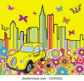 beautyful retro taxi in abstracy city flower butterfly and palace