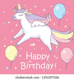 Beautyful unicorn. On pink background with baloons and happy birthday text. Greeting card. Vector illustration.