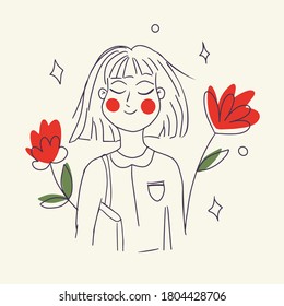 Beautyful young woman in dress with flower. Trendy line art minimalism style