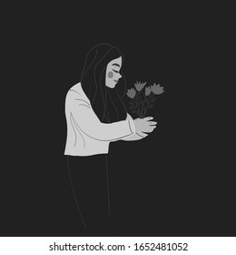 Beautyful young woman gigt flowers bouquet linear