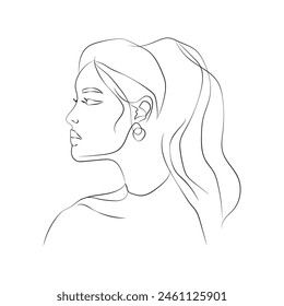 Beautyfull girl face. Attractive young woman portrait female. Continuous one line drawing. Black and white.