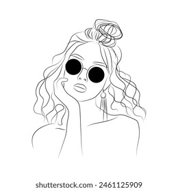 Beautyfull girl face. Attractive young woman portrait female. Continuous one line drawing. Black and white.