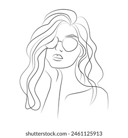 Beautyfull girl face. Attractive young woman portrait female. Continuous one line drawing. Black and white.