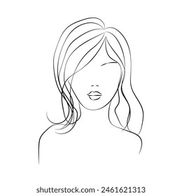 Beautyfull girl face. Attractive young woman portrait female beauty concept. Continuous one line drawing. Black and white 