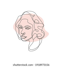 Beautyfull girl face. Continuous one line drawing. Abstract minimal woman portrait. Logo, icon, label. Vector hand drawn illustration