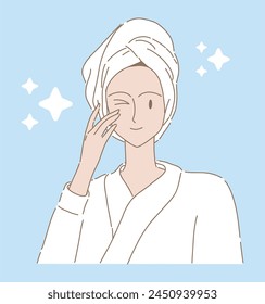 Beauty-loving woman wearing white bathrobe and hair towel. Wink girl applying skincare, touching face, cleaning skin. Stars behind. Hand drawn flat cartoon character vector illustration.