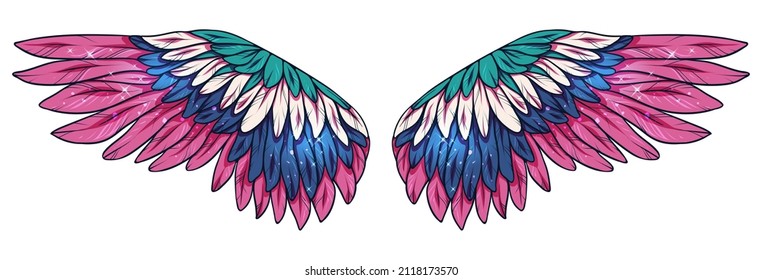 Beauutiful magic bright glittery wings, color vector illustration
