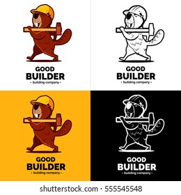 Beaver animal character with hammer on hand going repair. Color and black white logo. 