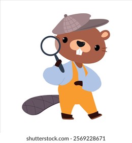 Beaver Animal Detective Character with Magnifier Investigating and Search for Evidence Vector Illustration