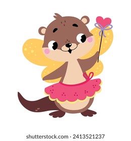 Beaver Animal Fairy in Pretty Dress with Magic Wand and Wings Vector Illustration