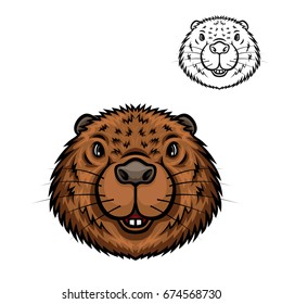 Beaver animal head cartoon icon. Brown beaver, amphibious rodent with pair of sharp tooth and short fur. Zoo mascot, t-shirt print, forest wildlife theme design