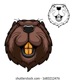 Beaver animal head vector mascot of hunting and sport design. Wild rodent mammal with bared teeth, red eyes and brown fur on angry muzzle. Canadian or American beaver symbol of hunter club, zoo, team