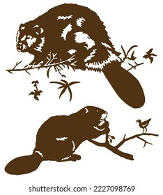 beaver animal sitting on tree branch vector silhouette