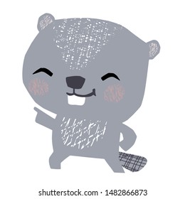 Beaver baby dance cute print. Sweet animal listen to music. Disco retro party. Cool illustration for nursery poster, t-shirt, kids apparel, party invitation, birthday card. Simple child design