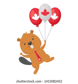 beaver with balloons flag happy canada day vector illustration
